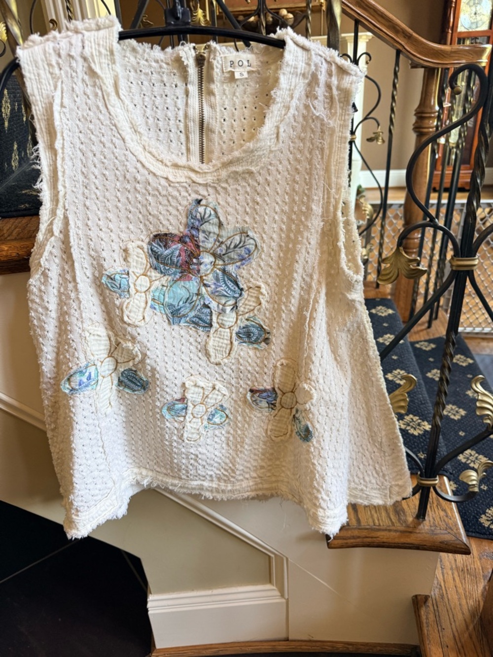 P O L Distressed Summer top. Flare . Size S back zip.  Cute pattern. Cotton EUC